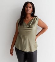 New Look Curves Olive Satin Cowl Neck Sleeveless Top